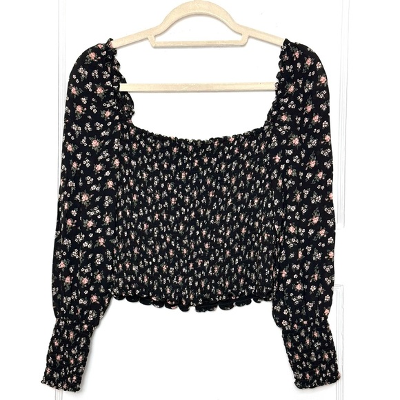 REFORMATION 90s Floral Crepe Smocked Puff Long Sleeve Square Neck Cropped Top M - Picture 6 of 9
